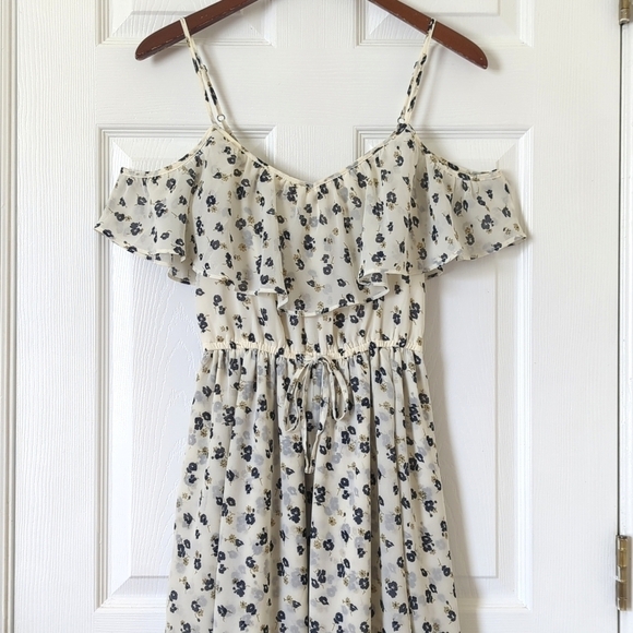 Abercrombie & Fitch Floral Chiffon Cold Shoulder A-Line Maxi Dress Ivory Navy S - Picture 2 of 15